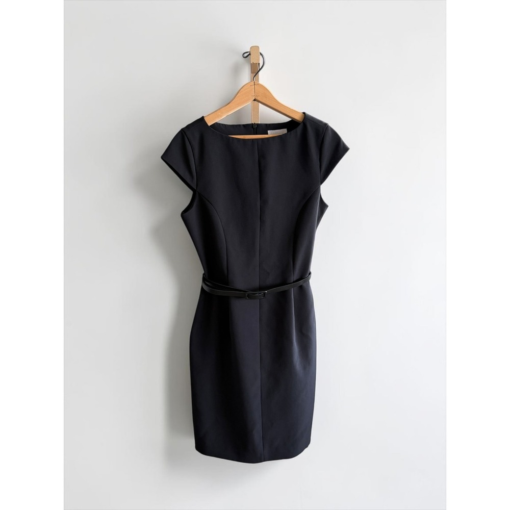 H&M Black Cap Sleeve Sheath Dress with Belt Size Small Office Career Wear